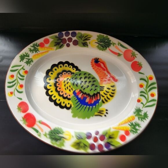 Vintage Hand painted enamelware turkey platter - Picture 1 of 8
